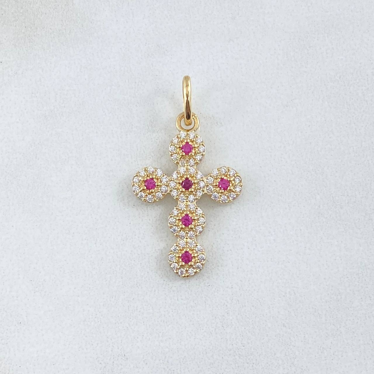 Dije Cruz Tupida 1.9gr / 2.9cm / Circones Blancos Fucsias Oro Amarillo 18K