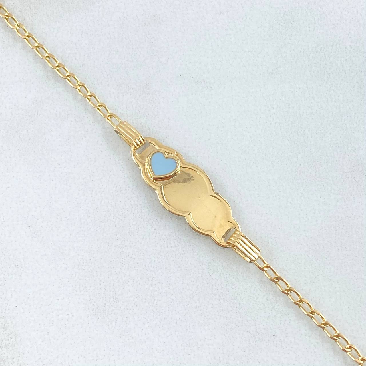 Pulso Bebé Espiga Placa Nube 1.75gr / 13cm-14cm / Corazon Azul Oro Amarillo 18K