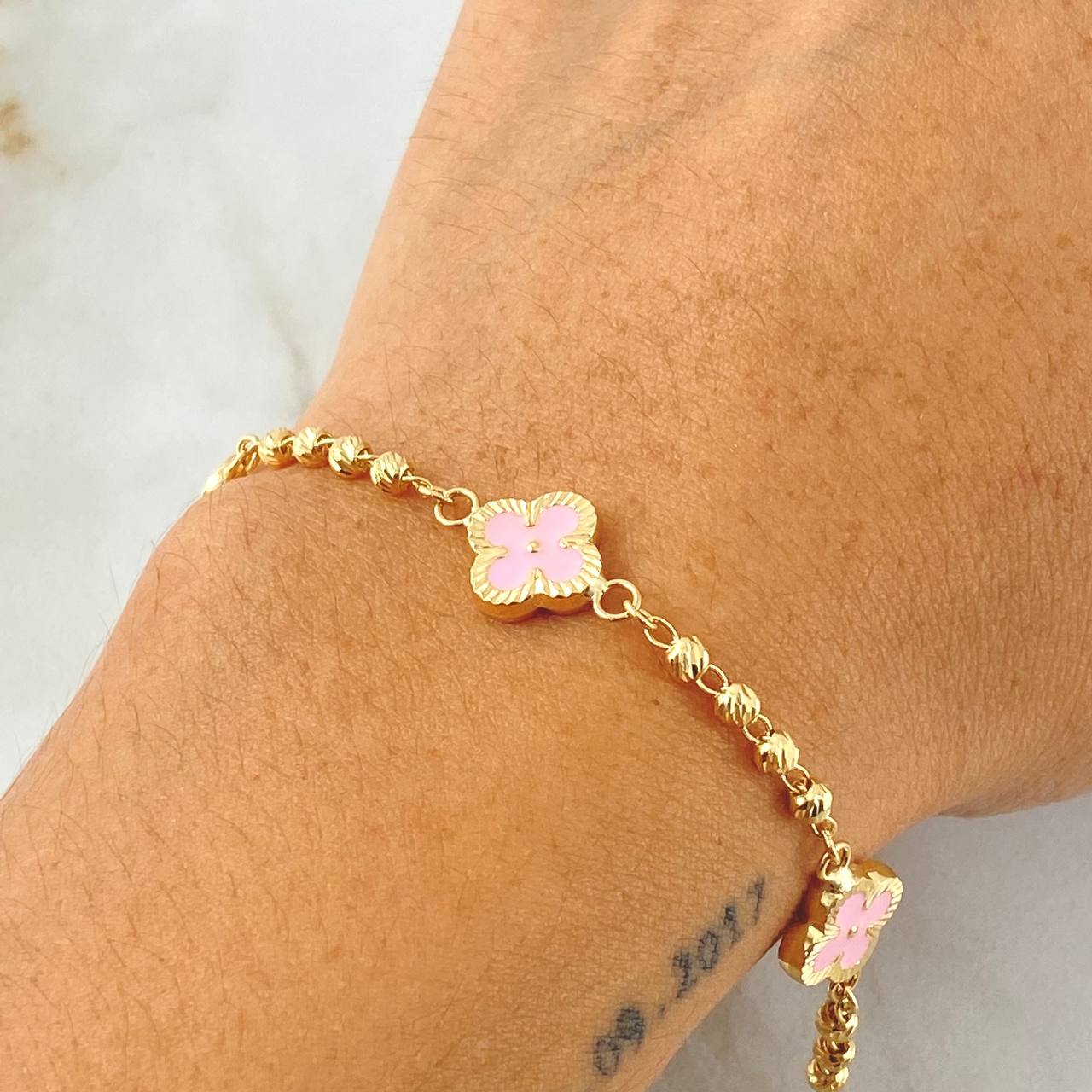 Pulso Trebol Rosado 4.45gr / 18.5cm / Oro Amarillo 18K