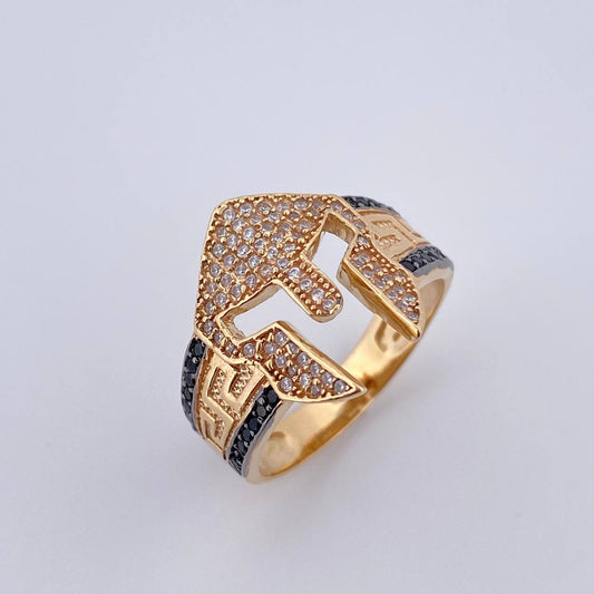 Anillo Casco De Gladiador 8.7gr / T11 / Circones Negros Blancos Dos Oros Negro Amarillo 18K &