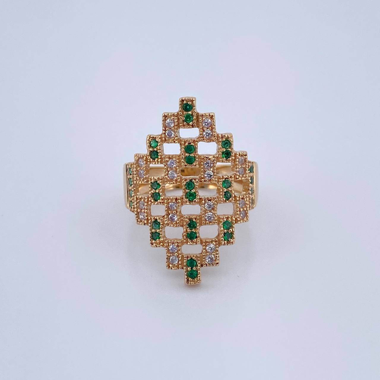 Anillo Rombo Abstracto 5.65gr / T7 / Circones Verdes Blancos Oro Amarillo 18K &