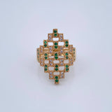 Anillo Rombo Abstracto 5.65gr / T7 / Circones Verdes Blancos Oro Amarillo 18K &