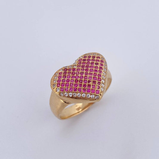 Anillo Corazon 5.75gr / T8 / Circones Fucsias Blancos Oro Amarillo 18K &