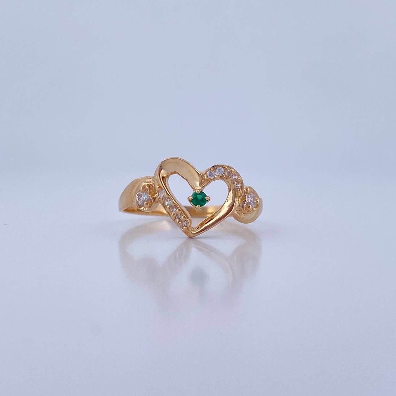 Anillo Corazon 2.05gr / T7 1/2 / Circones Verde Blancos Oro Amarillo 18K &