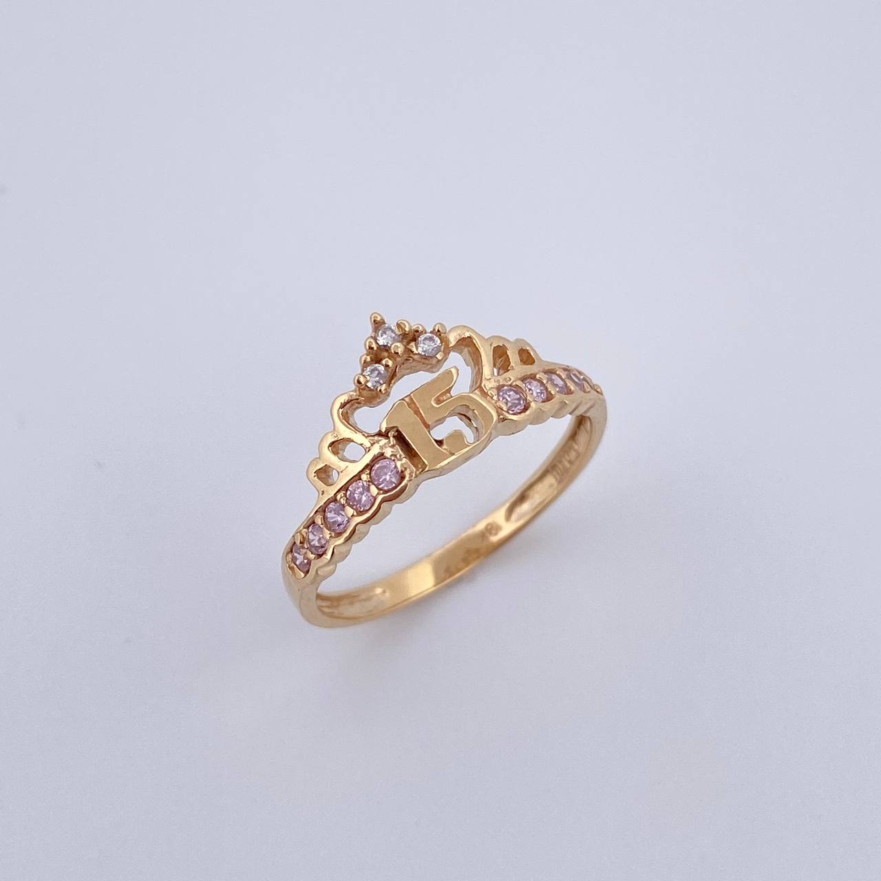 Anillo Tiara 15s 2.25gr / T7 / Circones Rosados Blancos Oro Amarillo 18K &