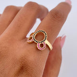 Anillo Raton 2.6gr / T6 1/2 / Circones Fucsias Negros Oro Amarillo 18K &