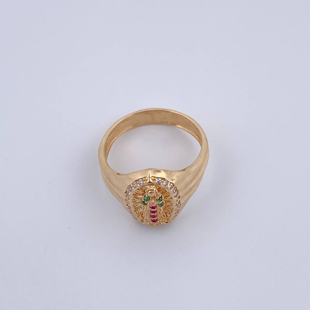 Anillo Virgen Guadalupe 4.45gr / T6 3/4 / Circones Fucsias Verdes Blancos Oro Amarillo 18K &