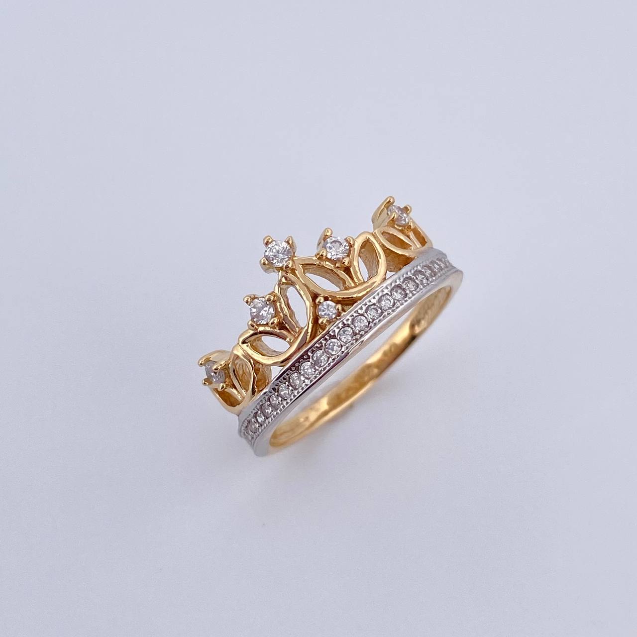 Anillo Corona 3.35gr / T6 1/4 / Circones Blancos Dos Oros Amarillo Blanco 18K &