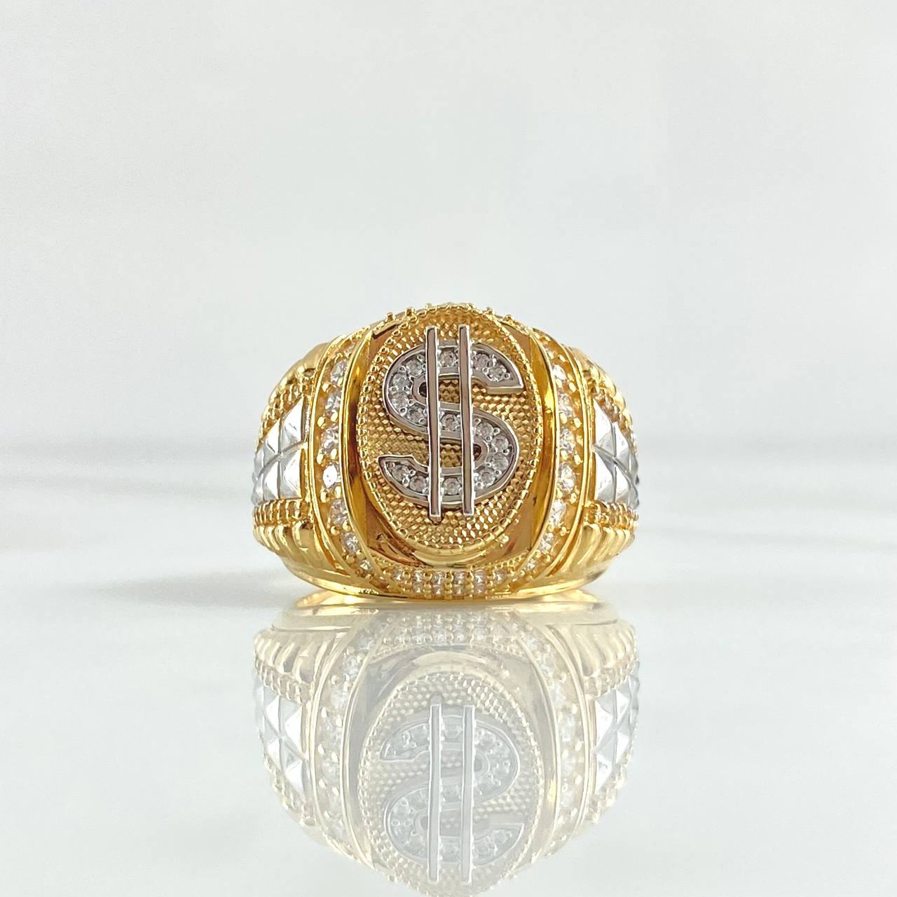 Anillo Sello Signo Dolar 10.35gr / T9 3/4 / Circones Blancos Dos Oros Amarillo Blanco 18K