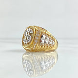 Anillo Sello Signo Dolar 10.35gr / T9 3/4 / Circones Blancos Dos Oros Amarillo Blanco 18K