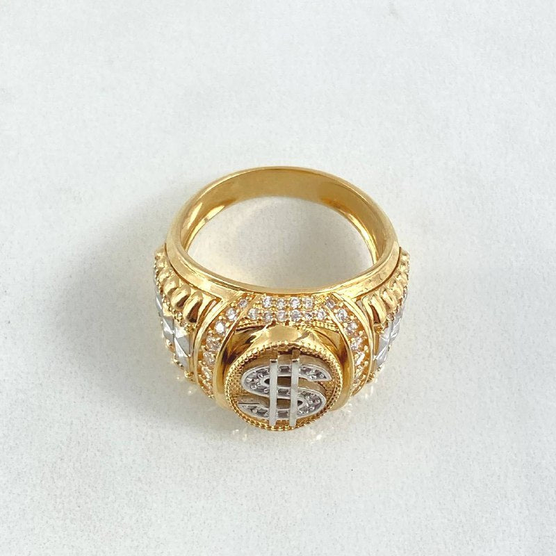 Anillo Sello Signo Dolar 10.35gr / T9 3/4 / Circones Blancos Dos Oros Amarillo Blanco 18K