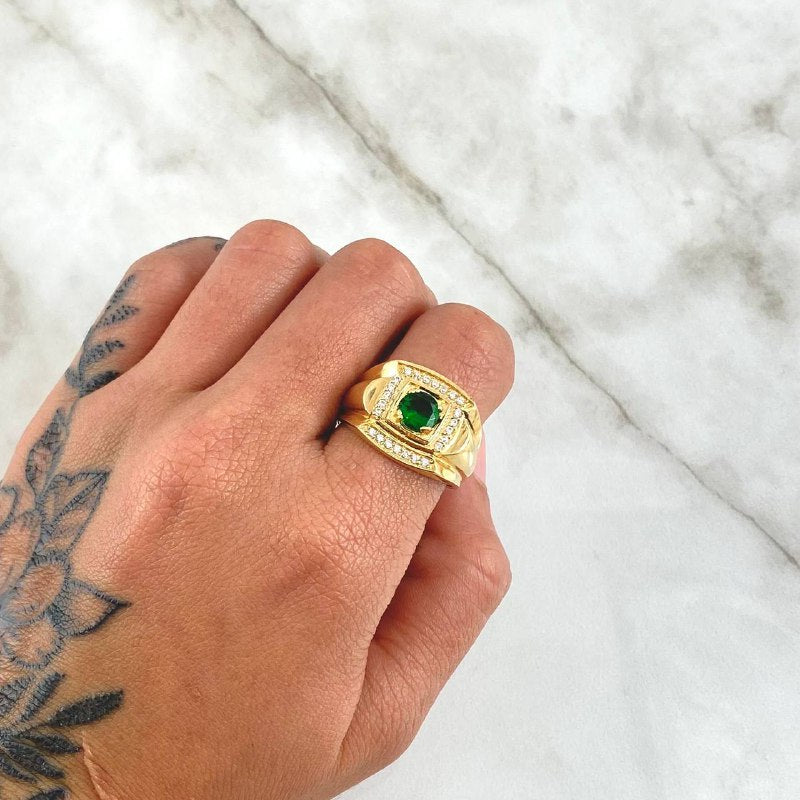 Anillo Marco Amplio 6.2gr / T9 1/2 / Circones Blancos Verdes Oro Amarillo 18K