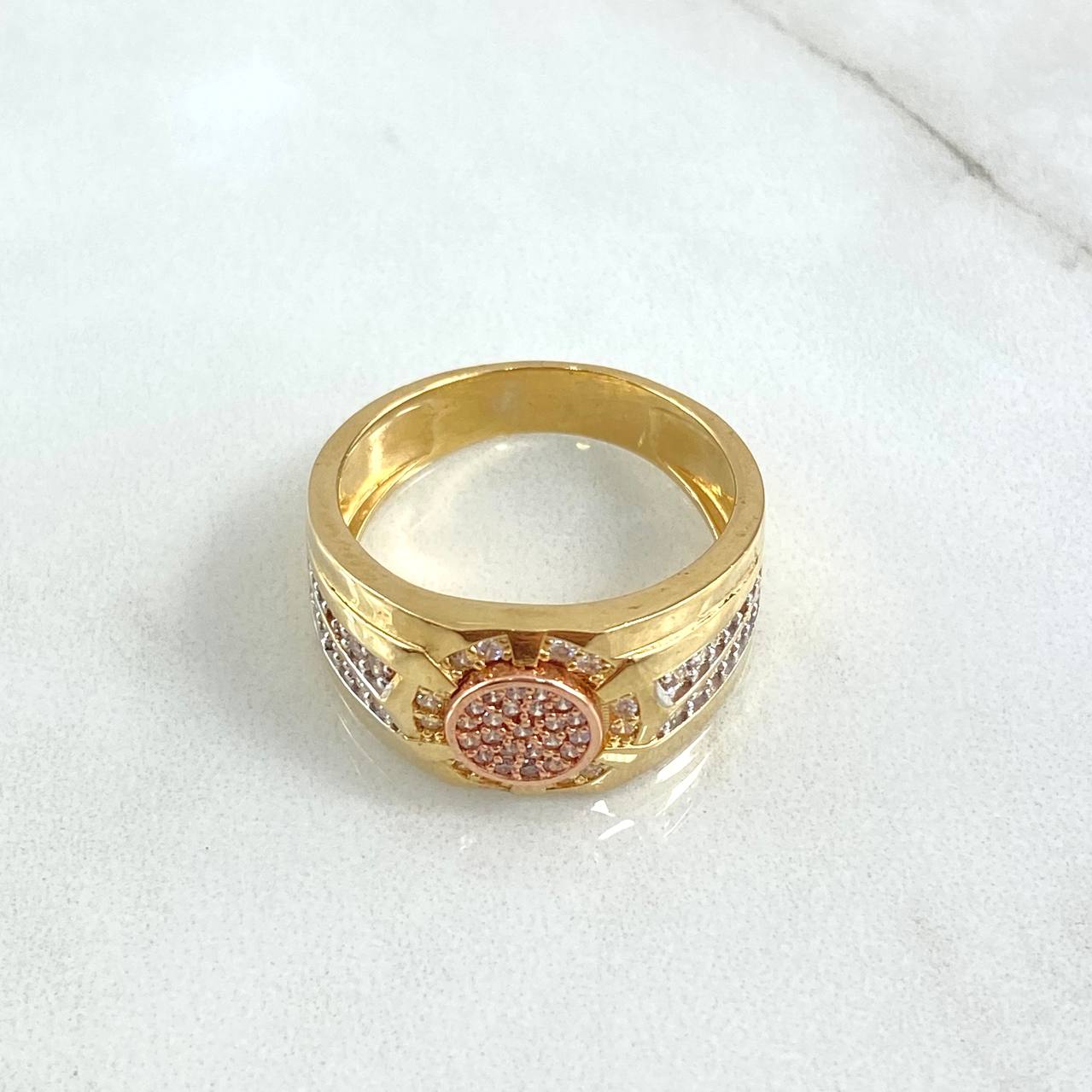 Anillo Mosaico Circular 9.3gr / T10 1/4 / Circones Blancos Oro Amarillo 18K *