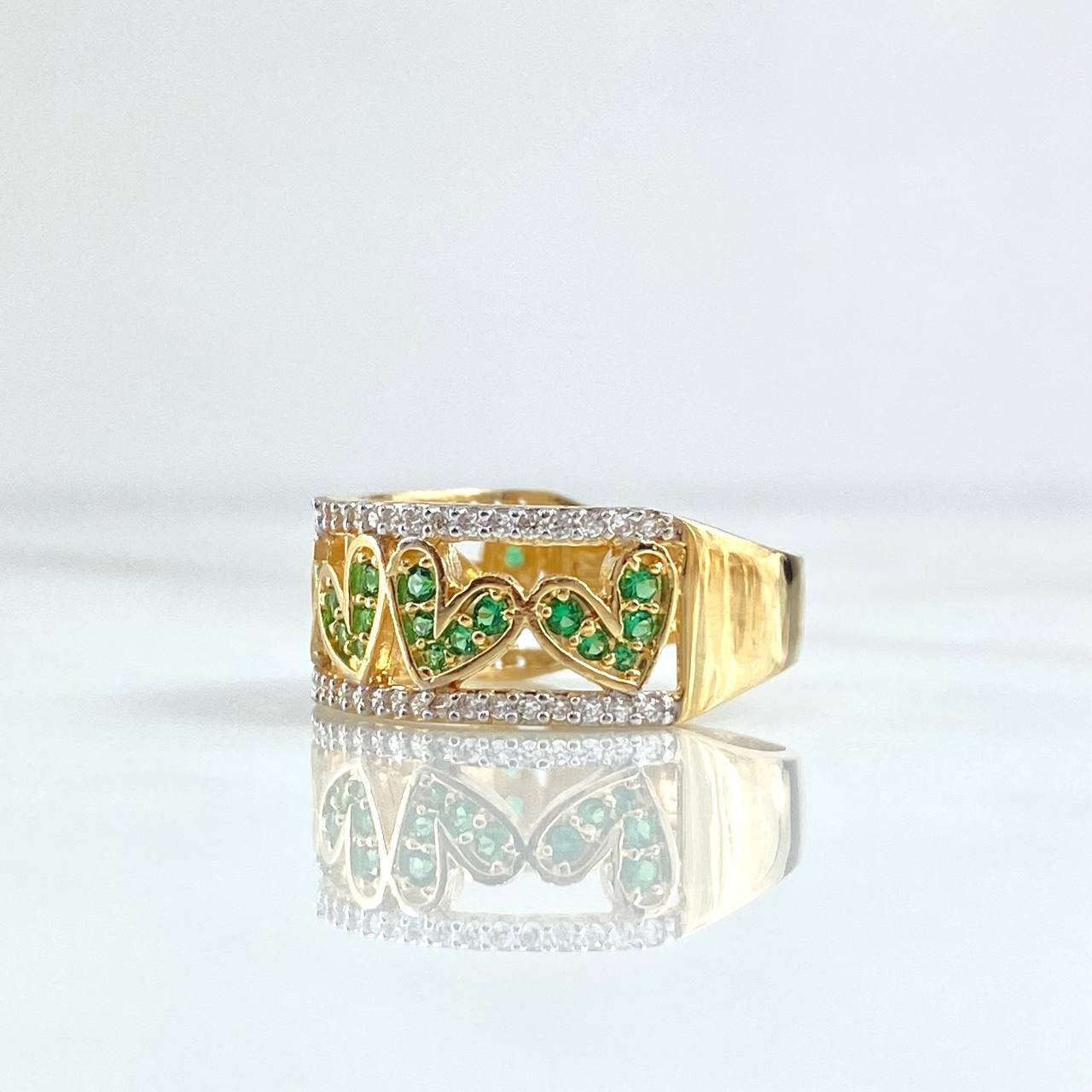 Anillo Carril De Corazones 5.55gr / T8 / Circones Blancos Verdes Oro Amarillo 18K *