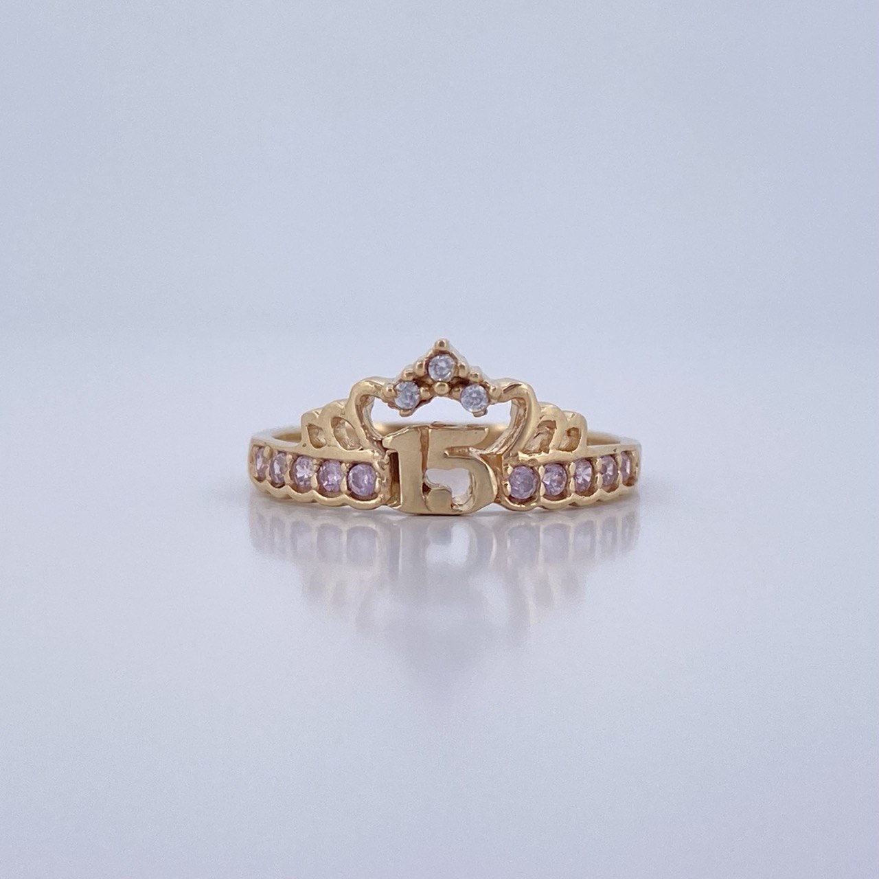 Anillo Tiara 15s 2.25gr / T7 / Circones Rosados Blancos Oro Amarillo 18K &