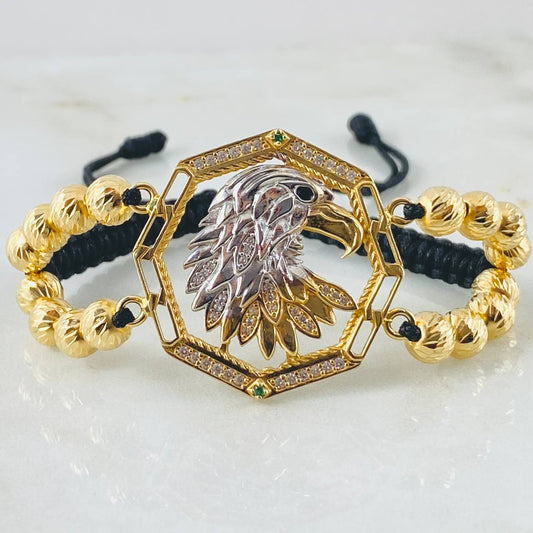 Pulsera Negra Herraje Aguila 13.1gr / Dos Oros Amarillo Blanco 18K ©
