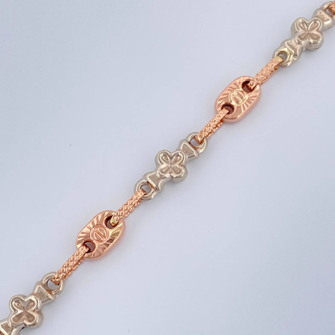 Pulso Rustico Flores 4.05gr / 18cm / Dos Oros Blanco Rosa 18K &