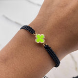 Pulsera Negra Trebol 0.65gr / Electroestatico Verde Diamantado Oro Amarillo 18K &