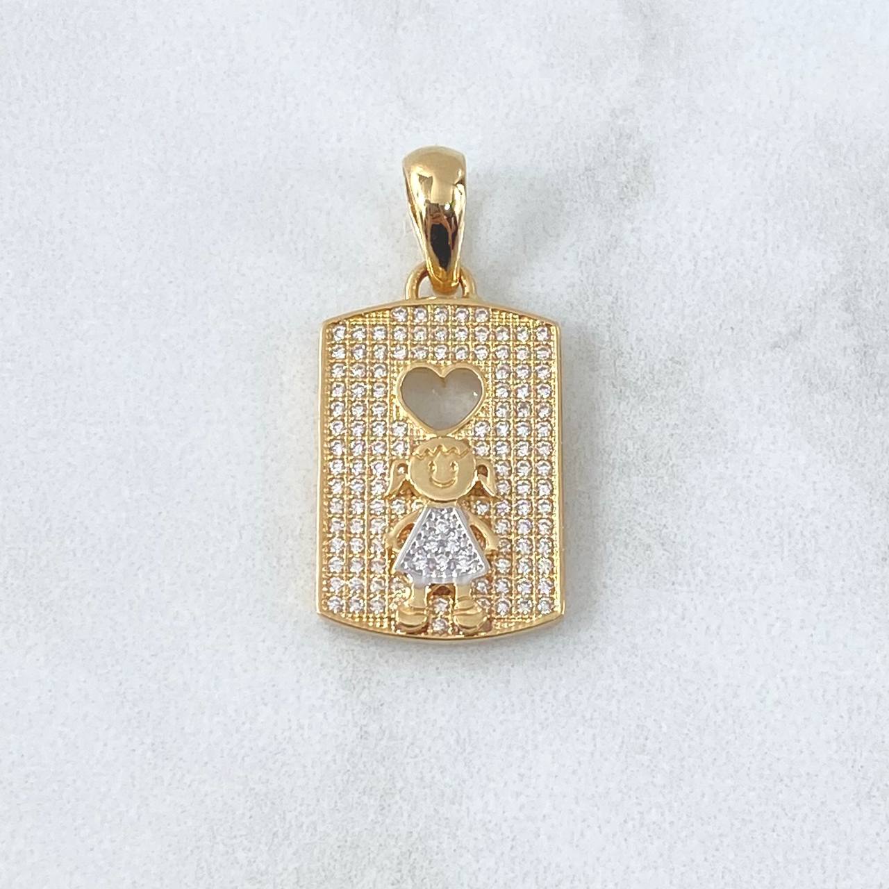 Dije Placa Niña Corazon 4.4gr / 3cm / Circones Blancos Dos Oros Amarillo Blanco 18K