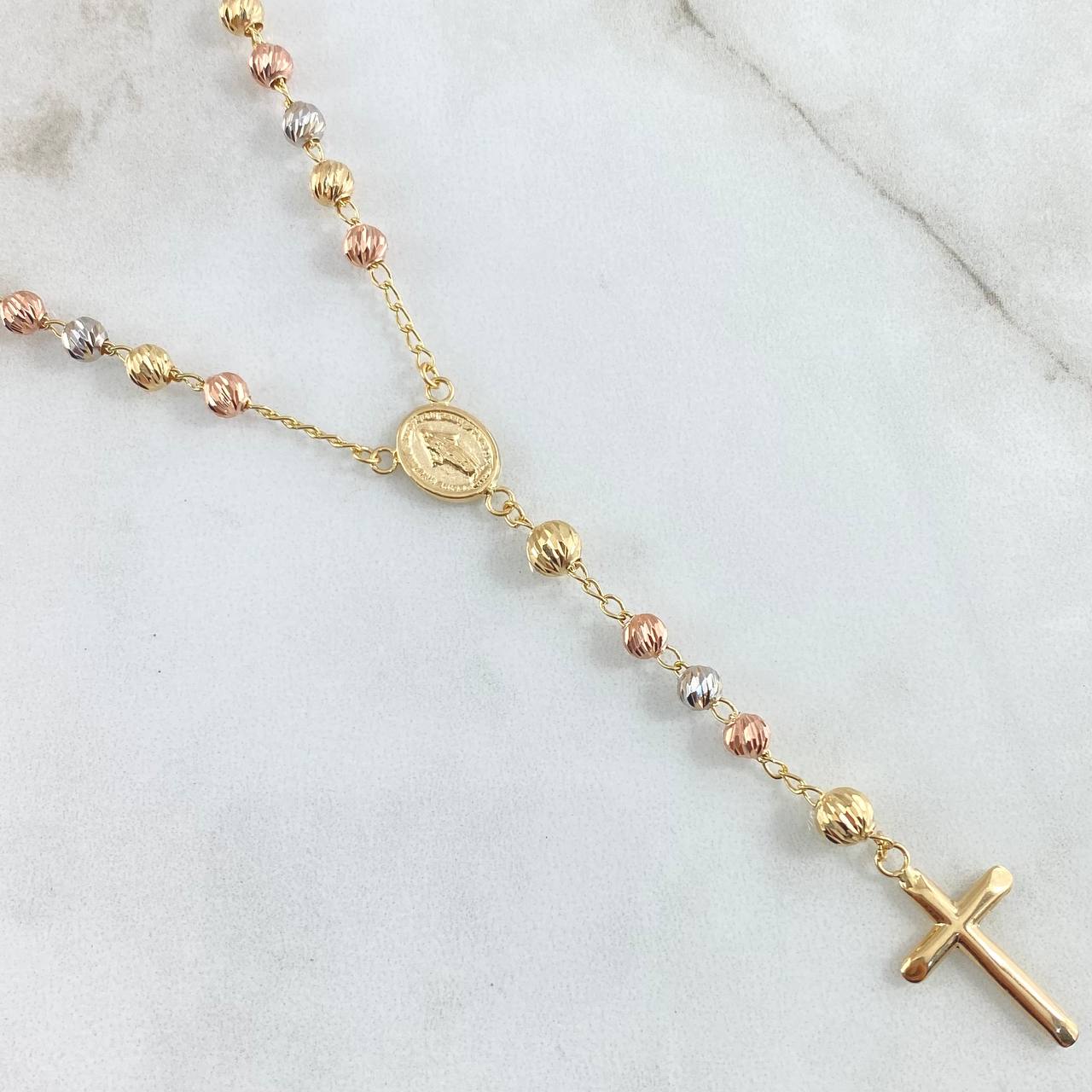 Rosario Virgen Milagrosa Cruz Lisa 10.8gr / 50cm / 4mm-5mm Bola Diamantada Tres Oros 18K ©