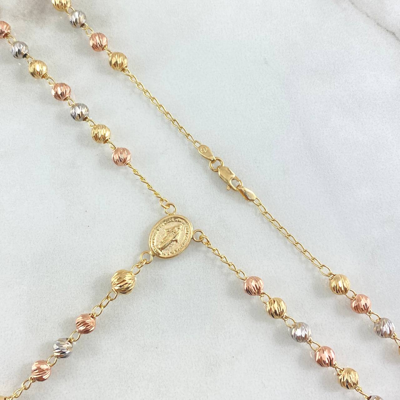 Rosario Virgen Milagrosa Cruz Lisa 10.8gr / 50cm / 4mm-5mm Bola Diamantada Tres Oros 18K ©