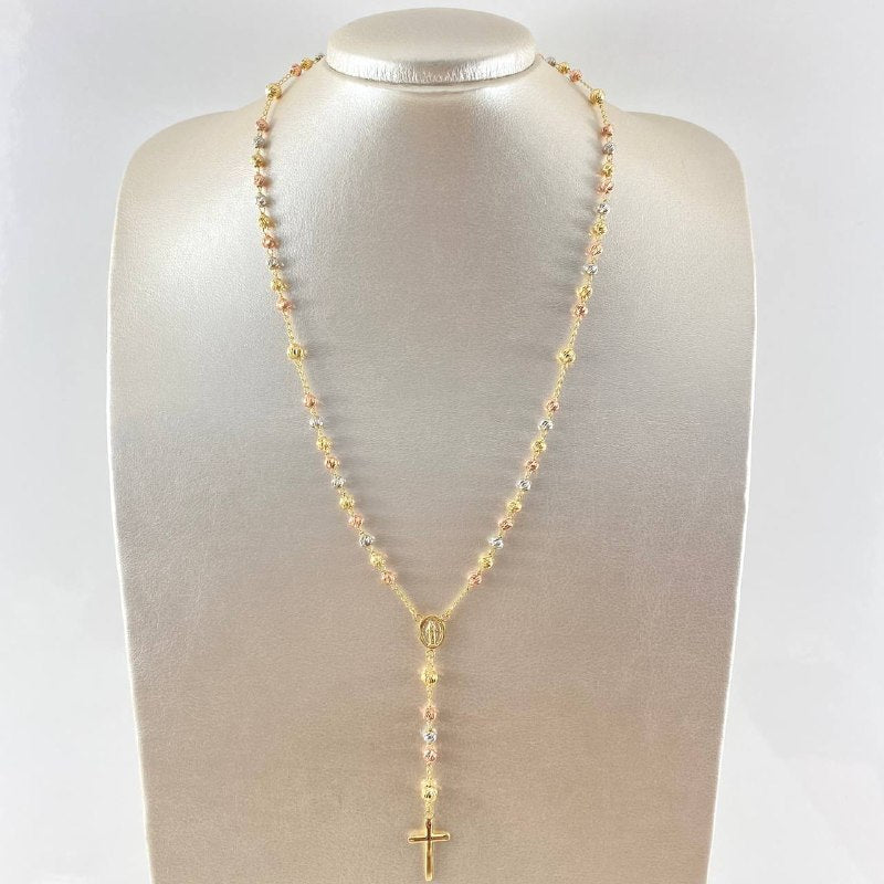 Rosario Virgen Milagrosa Cruz Lisa 10.8gr / 50cm / 4mm-5mm Bola Diamantada Tres Oros 18K ©