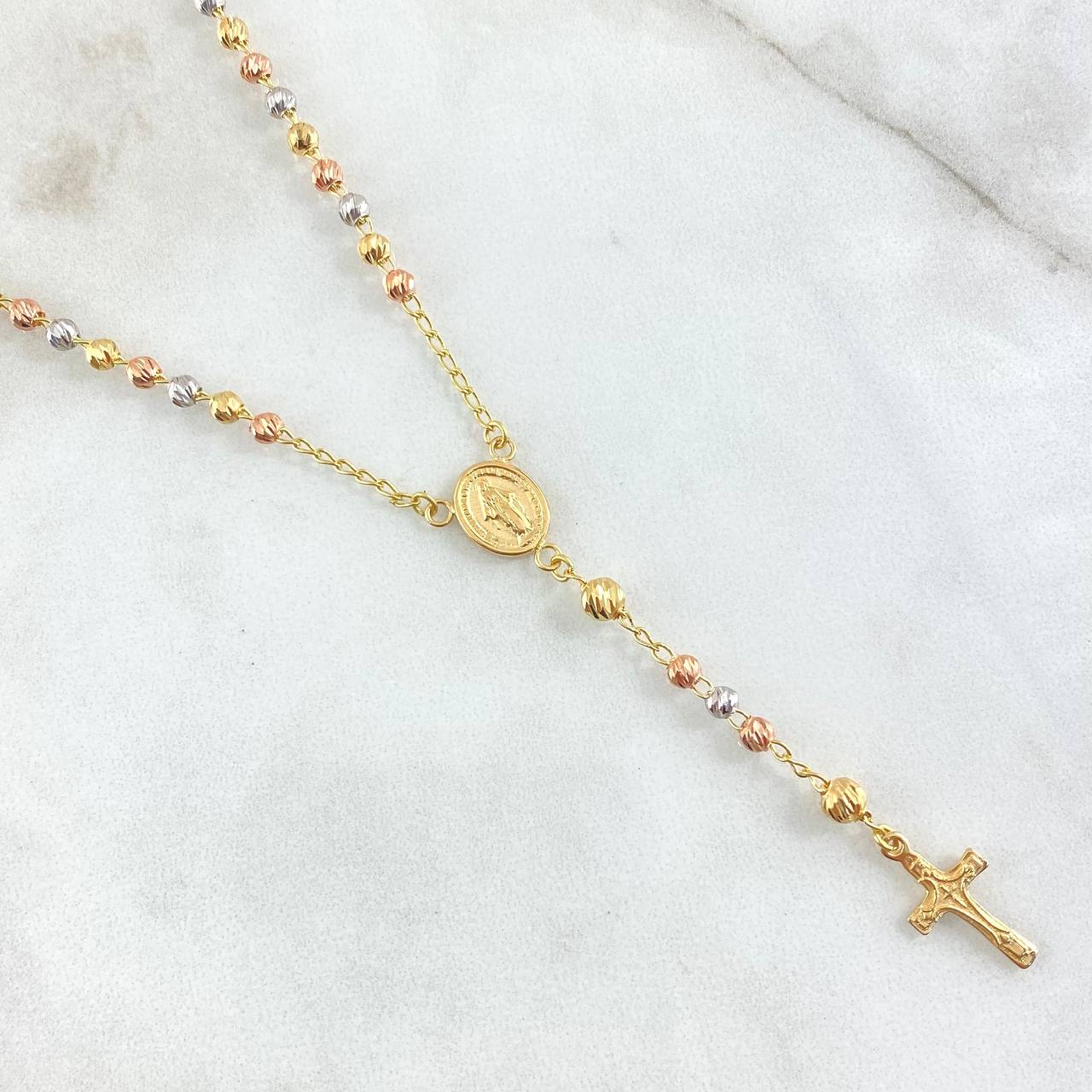 Rosario Virgen Milagrosa Cruz  8.3gr / 3mm-4mm Bola Diamantada Tres Oros 18K ©
