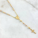 Rosario Virgen Milagrosa Cruz  8.3gr / 3mm-4mm Bola Diamantada Tres Oros 18K ©