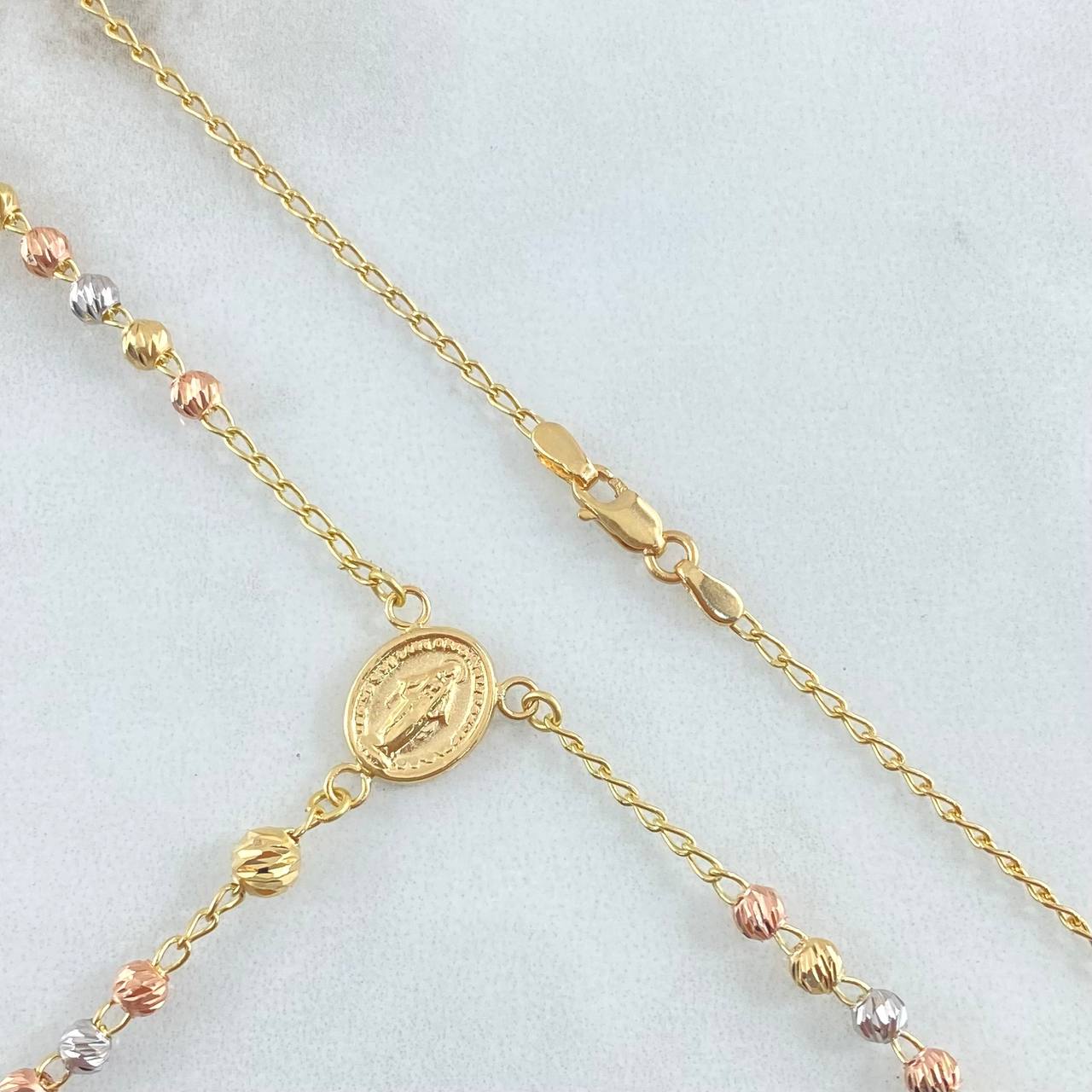 Rosario Virgen Milagrosa Cruz  8.3gr / 3mm-4mm Bola Diamantada Tres Oros 18K ©
