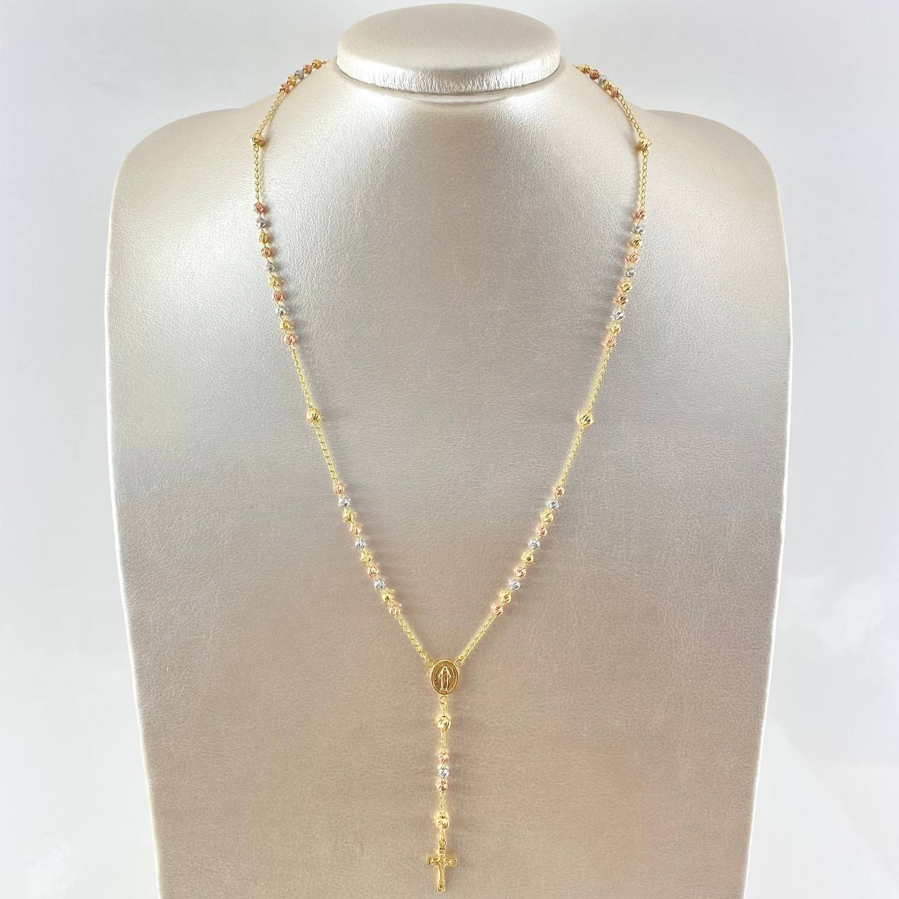 Rosario Virgen Milagrosa Cruz  8.3gr / 3mm-4mm Bola Diamantada Tres Oros 18K ©