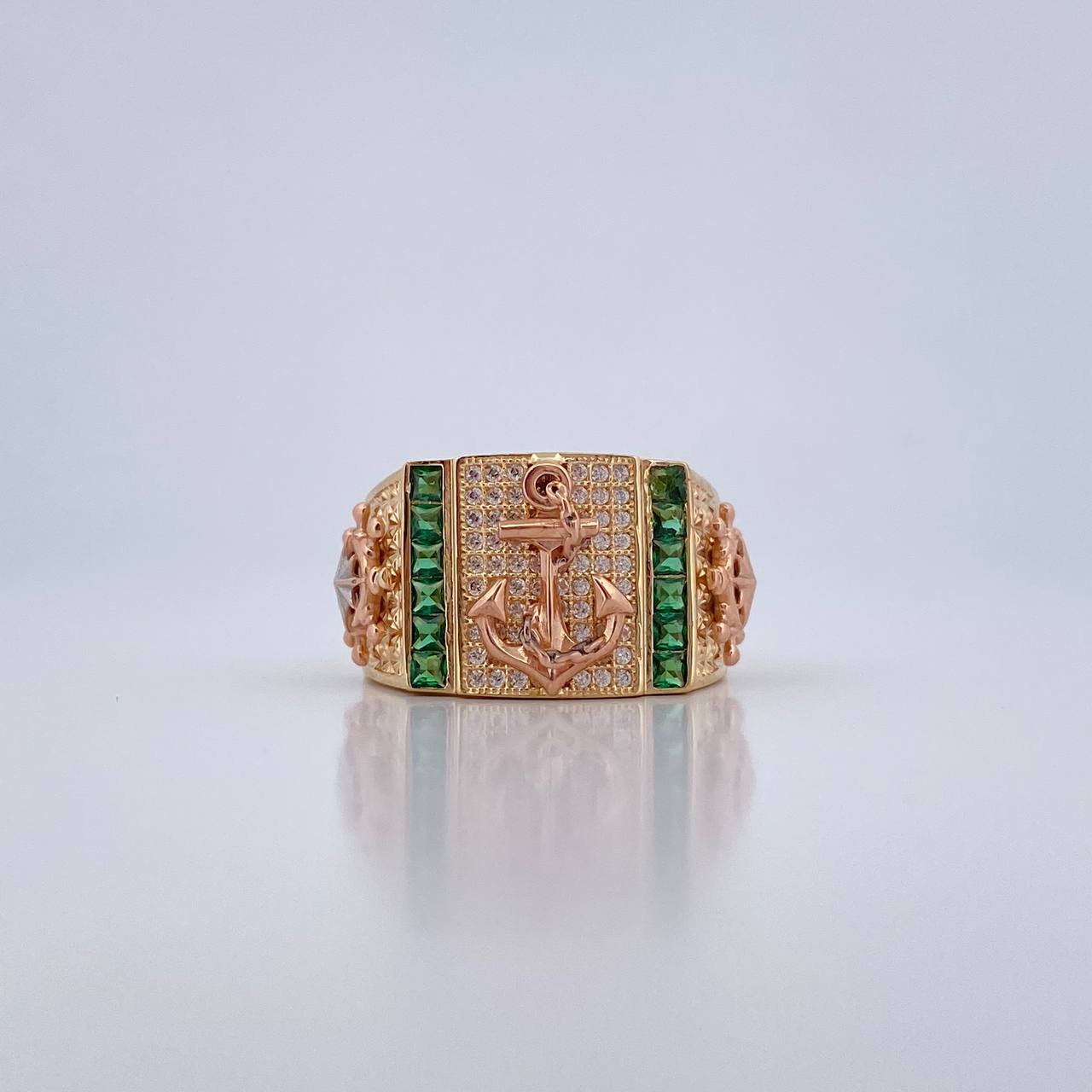 Anillo Ancla Timon 10gr / T10 / Circones Blancos Verdes Tres Oros 18K $