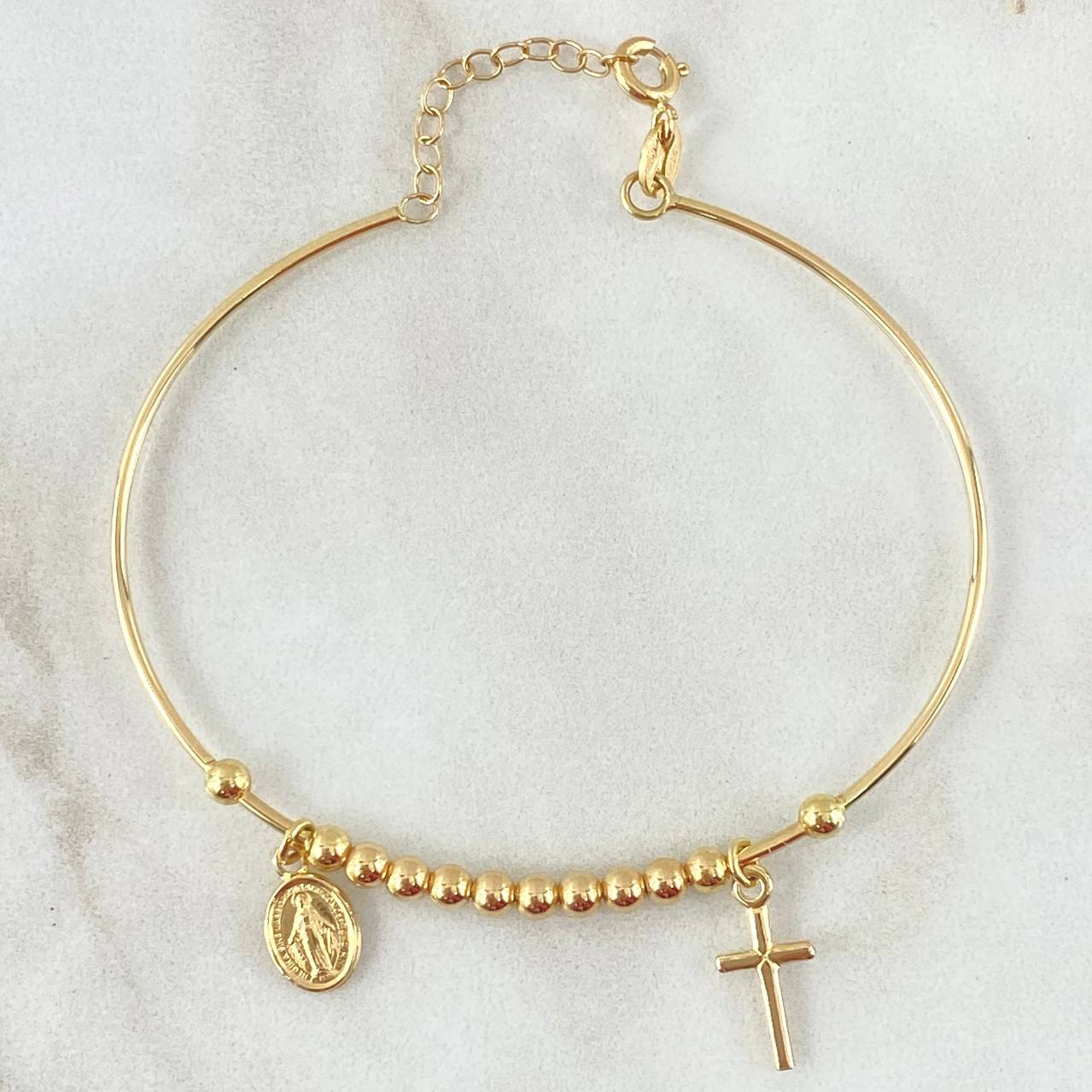Pulso Aro Colgante Bolas 4.5gr / 17cm-18cm / 3mm Lisas Cruz - Virgen Milagrosa Oro Amarillo +4 18K ©