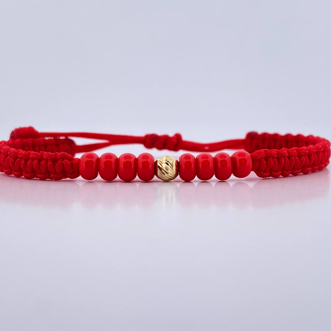 Pulsera Roja Mostazillas 0.1gr / 4mm Bola Diamantada Oro Amarillo 18K (A.C)