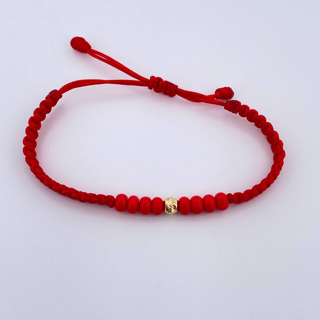 Pulsera Roja Mostazillas 0.1gr / 4mm Bola Diamantada Oro Amarillo 18K (A.C)