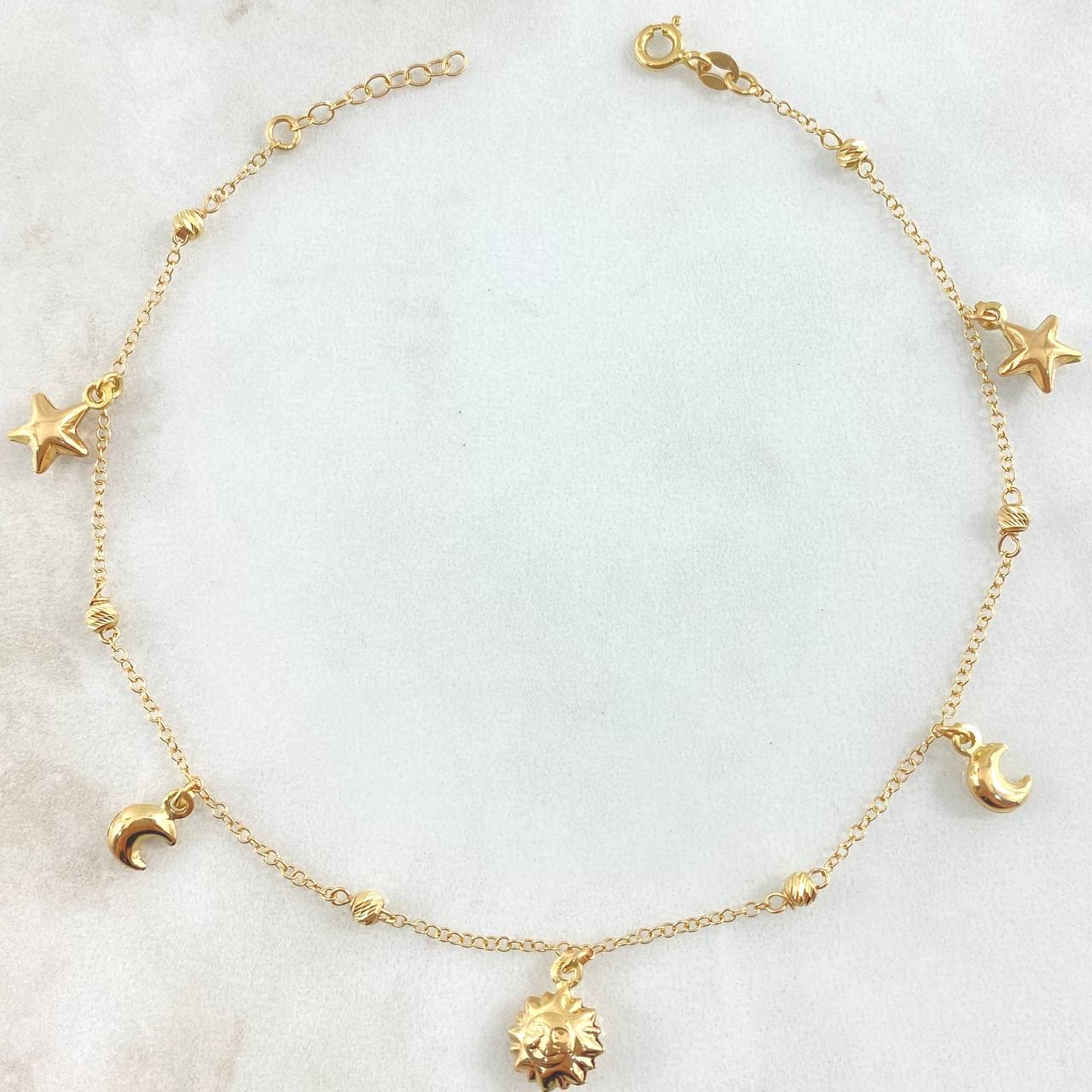 Tobillera Aro Seguido Colgante Bolas  3.35gr / 23.5cm-25.5cm / 1.4mm 3mm Estrellas-Lunas-Sol Oro Amarillo +4 18K ©