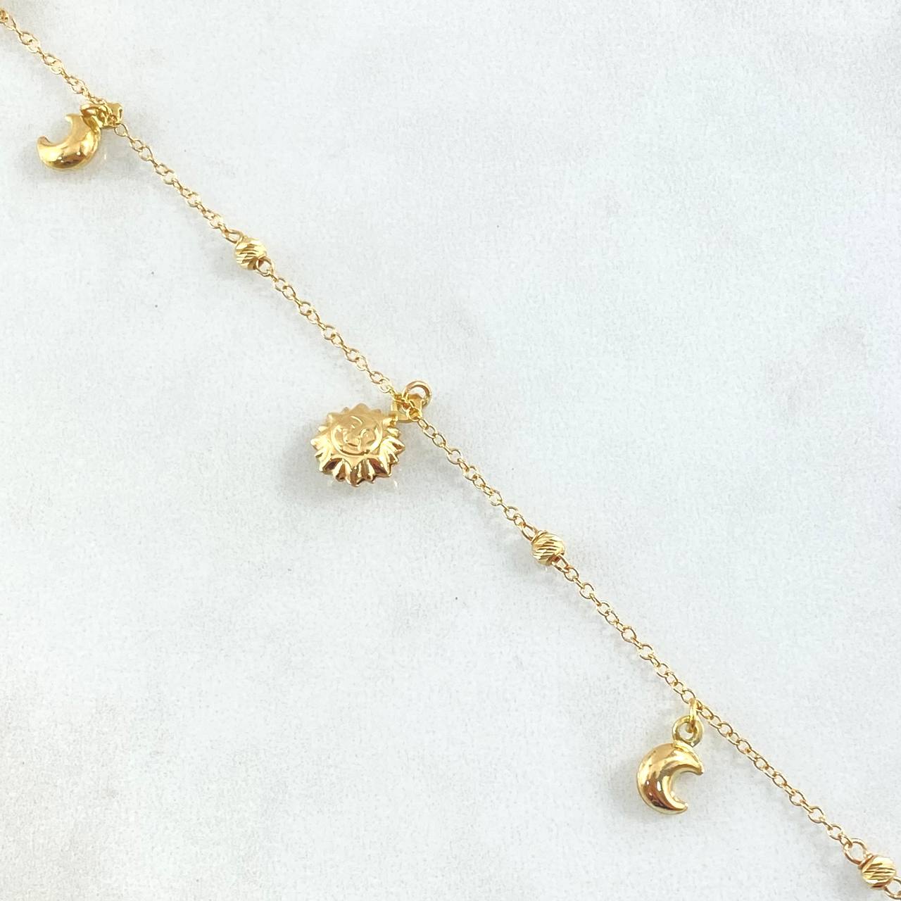 Tobillera Aro Seguido Colgante Bolas  3.35gr / 23.5cm-25.5cm / 1.4mm 3mm Estrellas-Lunas-Sol Oro Amarillo +4 18K ©
