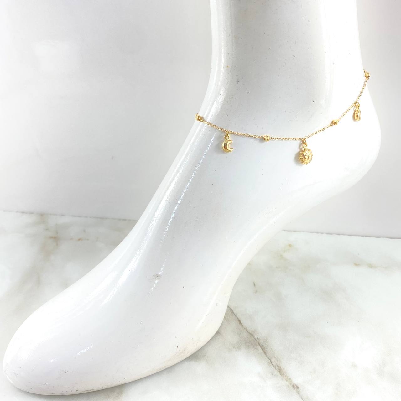 Tobillera Aro Seguido Colgante Bolas  3.35gr / 23.5cm-25.5cm / 1.4mm 3mm Estrellas-Lunas-Sol Oro Amarillo +4 18K ©