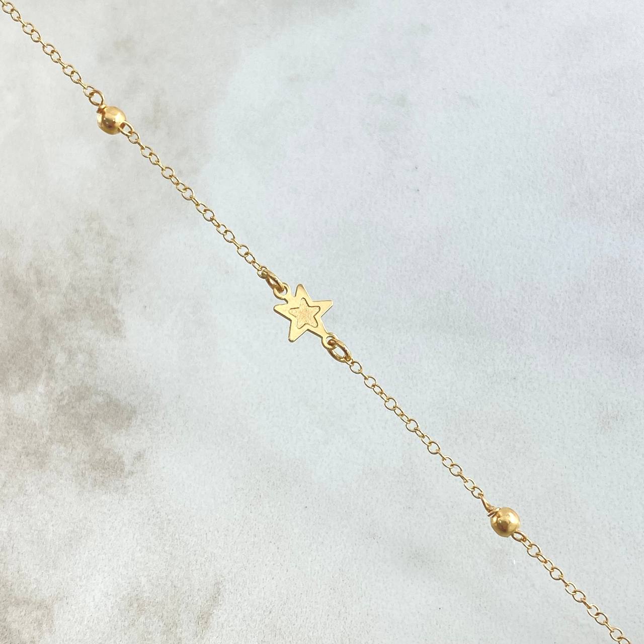Tobillera Aro Seguido Estrella 2.1gr / 24cm-25cm / 1.4mm Bolas Lisas 3mm Oro Amarillo +4 18K ©