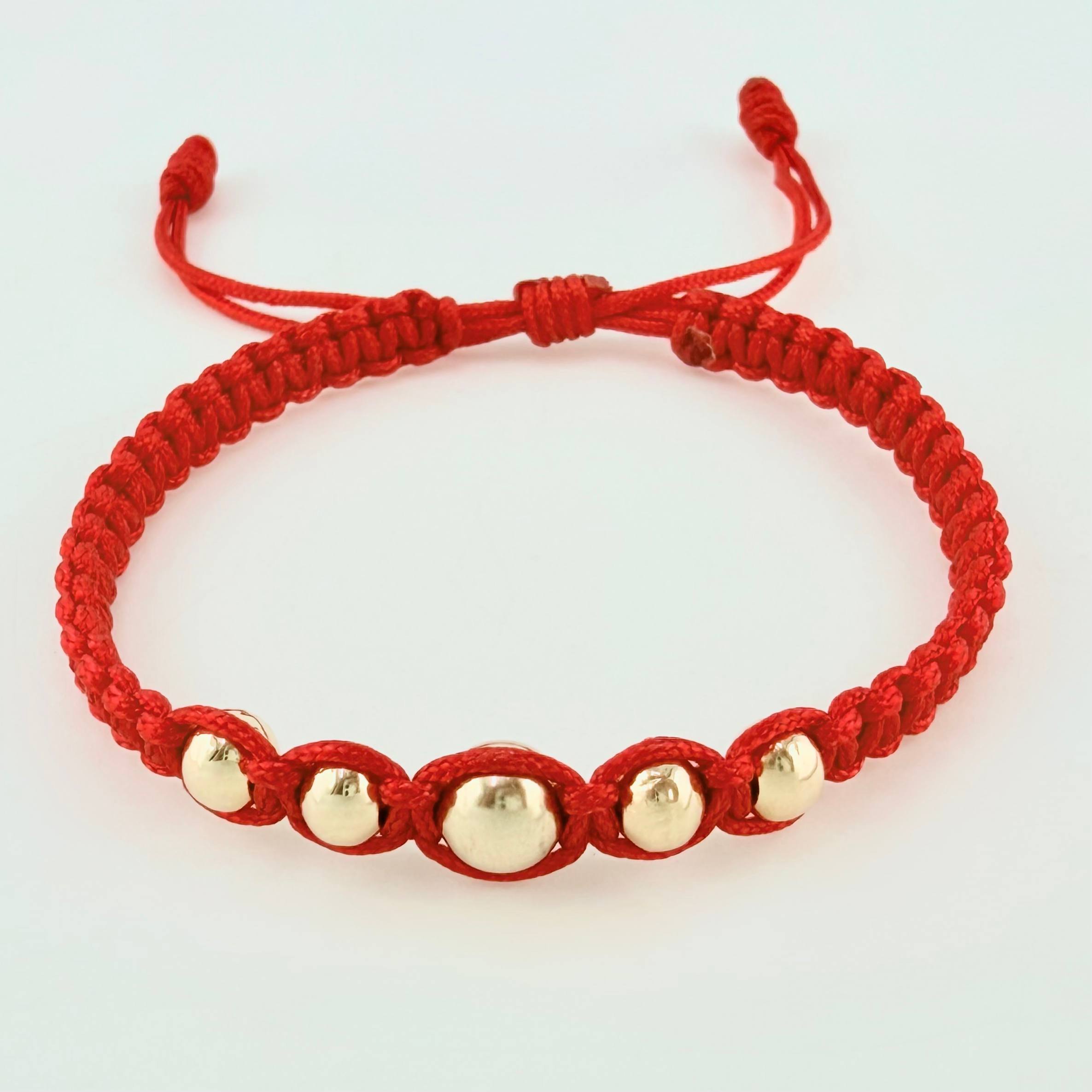 Pulsera Roja Bolas Pentatonicas 5und / 5mm-6mm Oro Amarillo 18K *