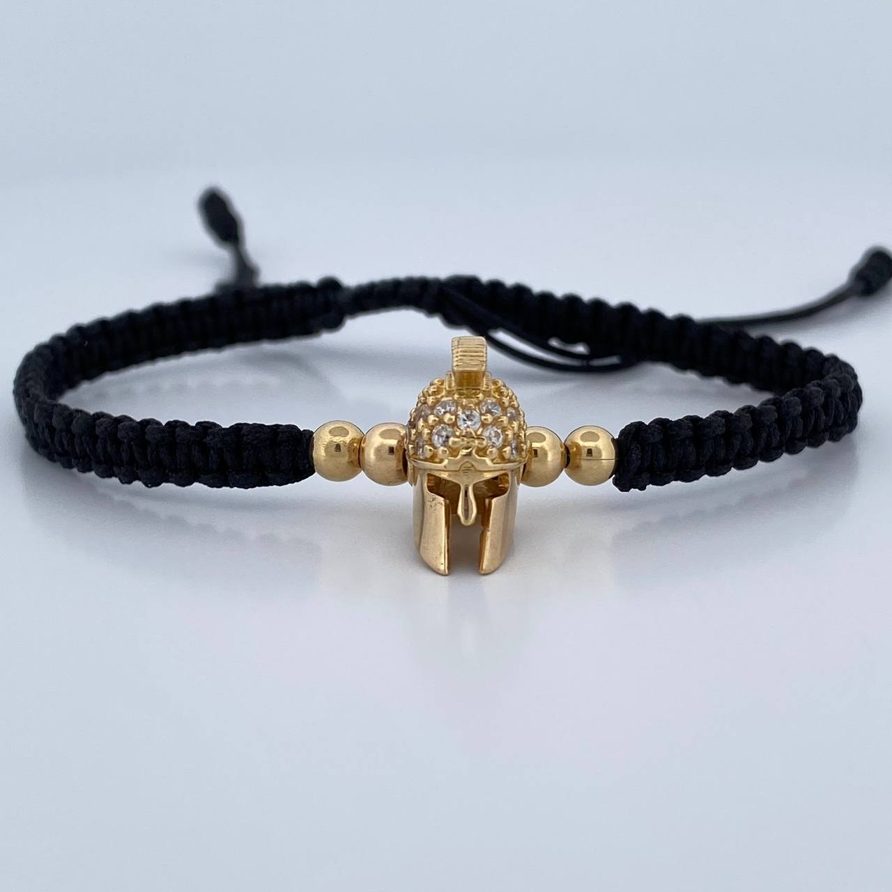 Pulsera Negra Herraje Casco Gladiador 4.2gr / 4mm Circones Blancos Oro Amarillo 18K &