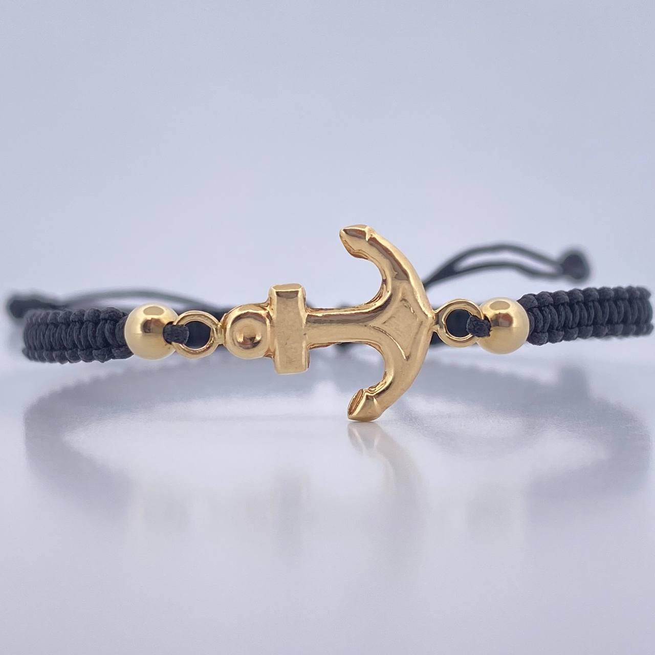 Pulsera Negra Herraje Ancla 0.9gr / 4mm Bolas Lisas Troquelado Oro Amarillo 18K &
