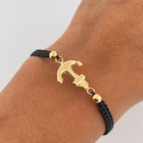 Pulsera Negra Herraje Ancla 0.9gr / 4mm Bolas Lisas Troquelado Oro Amarillo 18K &