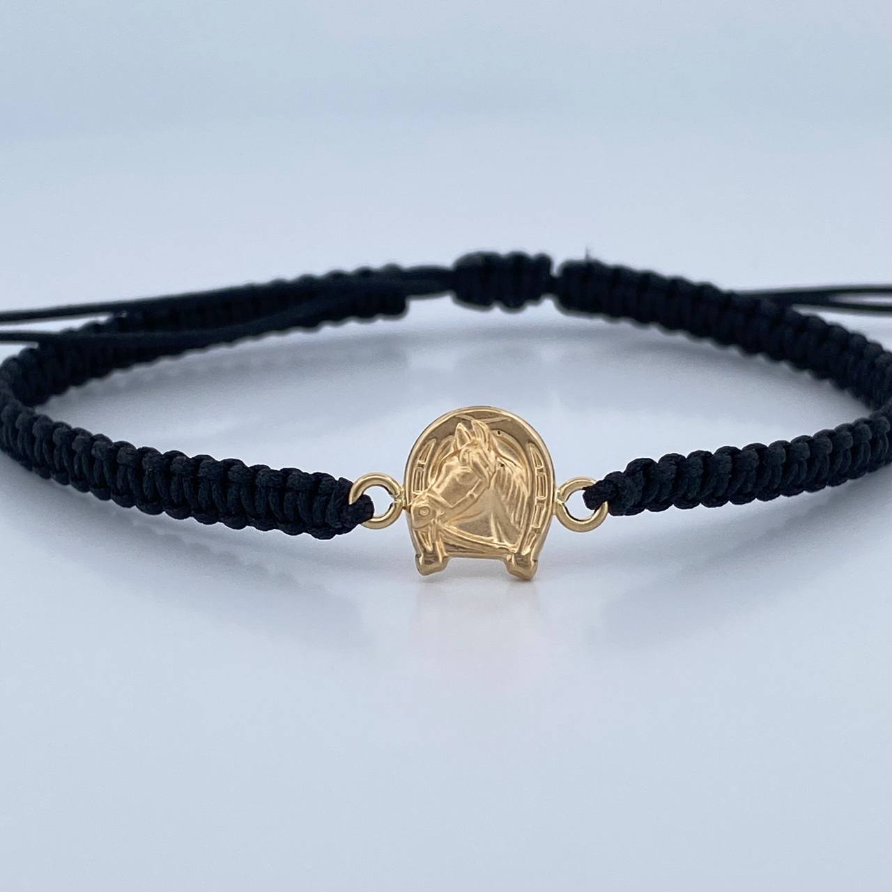 Pulsera Negra Herraje Herradura Caballo 0.5gr / Troquelado Oro Amarillo 18K &