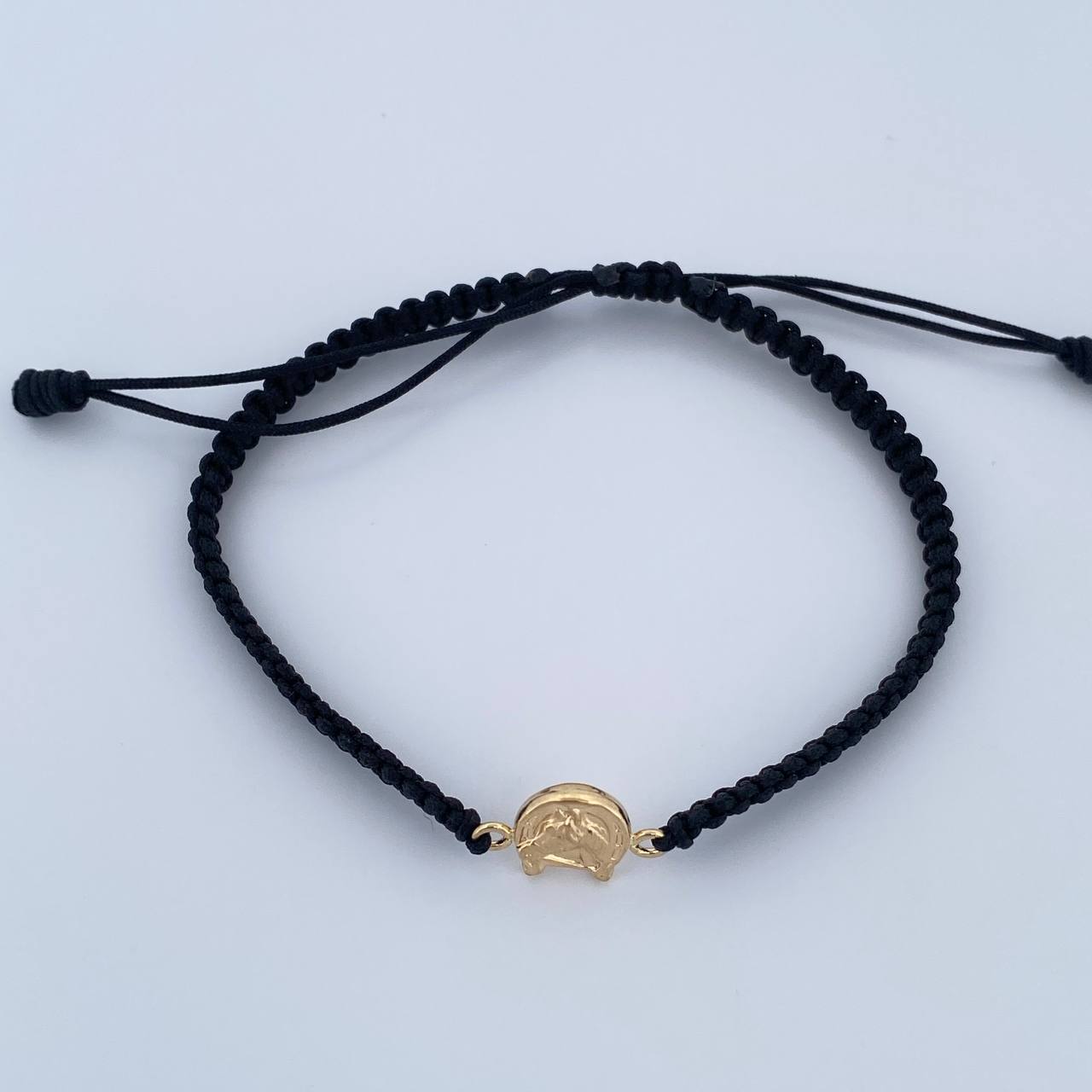 Pulsera Negra Herraje Herradura Caballo 0.5gr / Troquelado Oro Amarillo 18K &