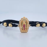 Pulsera Negra Herraje Virgen Guadalupe 6.05gr / 7mm Bolas Lisas Circones Oro Amarillo 18K &