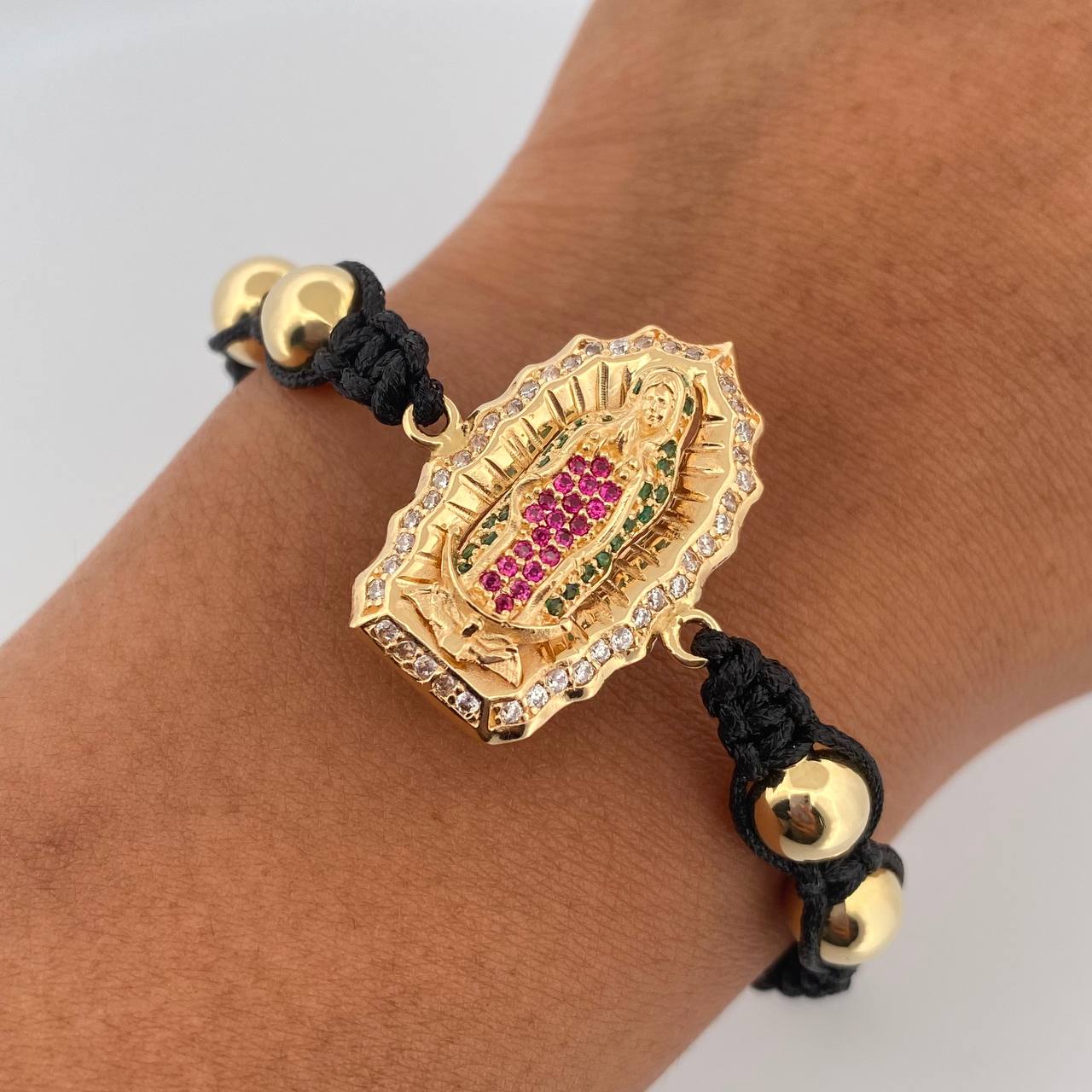 Pulsera Negra Herraje Virgen Guadalupe 6.05gr / 7mm Bolas Lisas Circones Oro Amarillo 18K &
