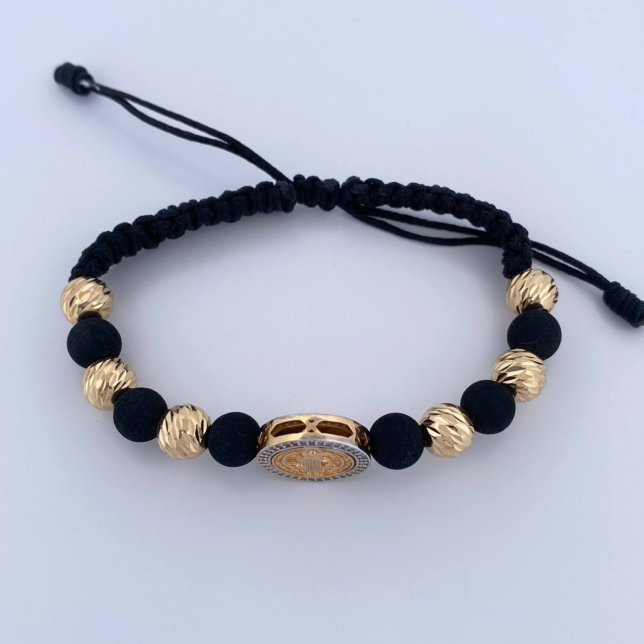 Pulsera Negra Herraje San Benito 5.3gr / 8mm Bolas Diamantadas Neoprenos Circones Blancos Dos Oros Amarillo Blanco 18K &