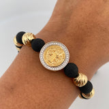 Pulsera Negra Herraje San Benito 5.3gr / 8mm Bolas Diamantadas Neoprenos Circones Blancos Dos Oros Amarillo Blanco 18K &