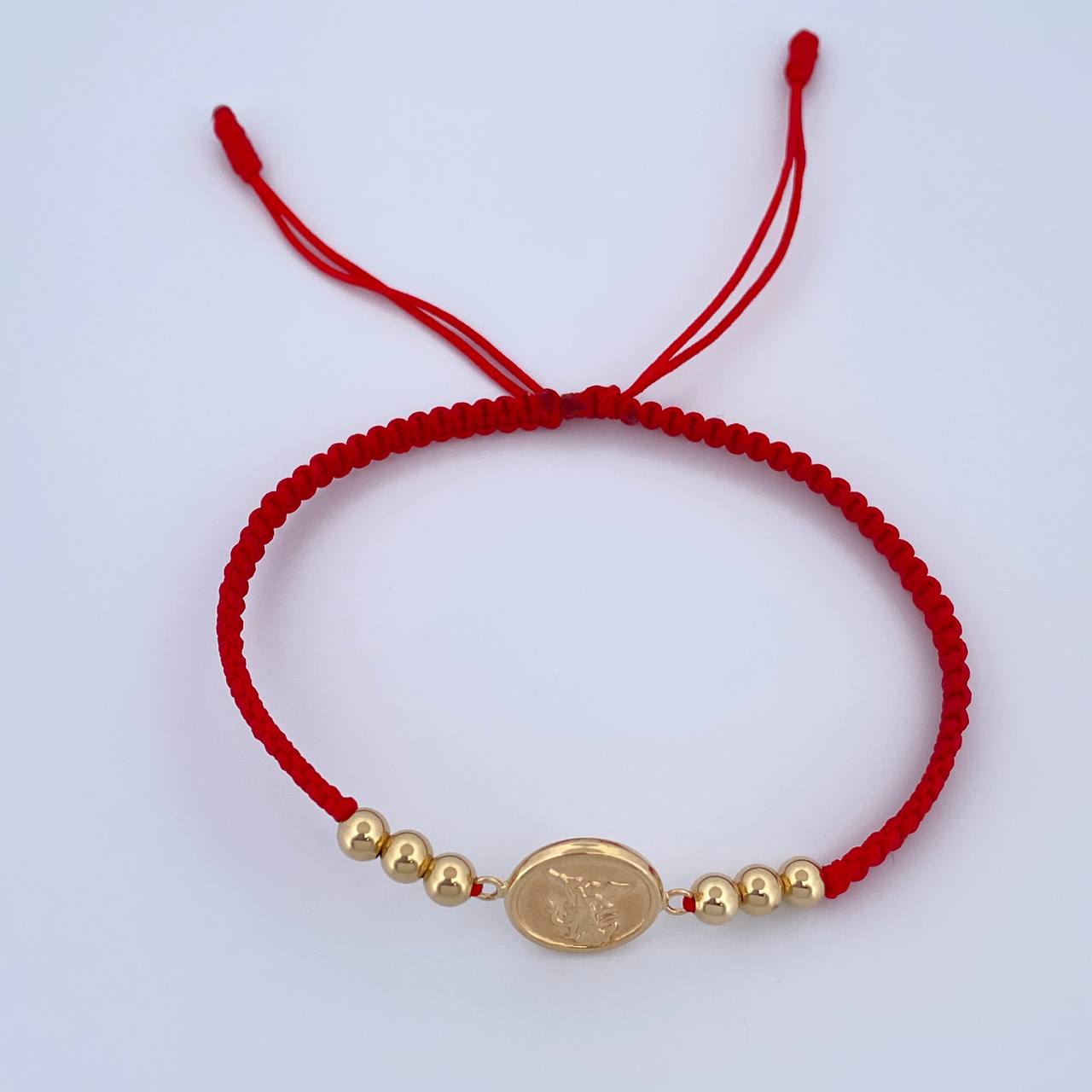 Pulsera Roja Herraje San Miguel Arcangel 1.35gr / 4mm Bolas Lisas Oro Amarillo 18K &