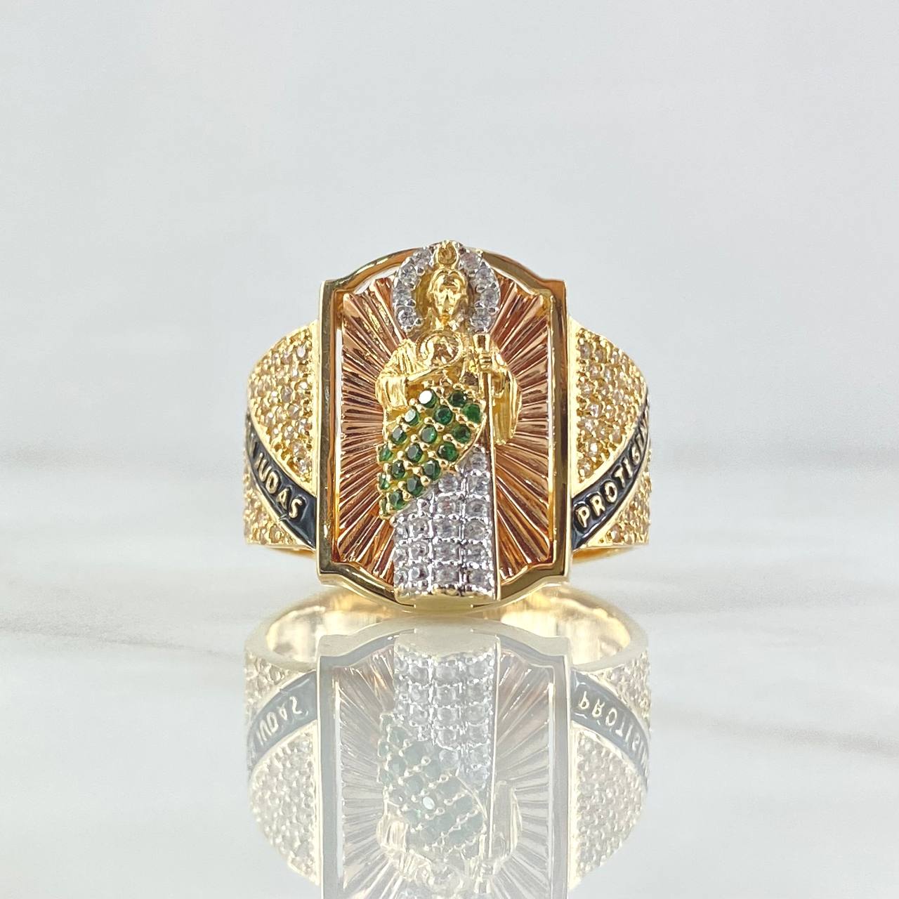 Anillo San Judas Sello Rectangulo 11gr / T10 / Texturizado Circones Blancos Verdes Dos Oros Amarillo Rosa 18K